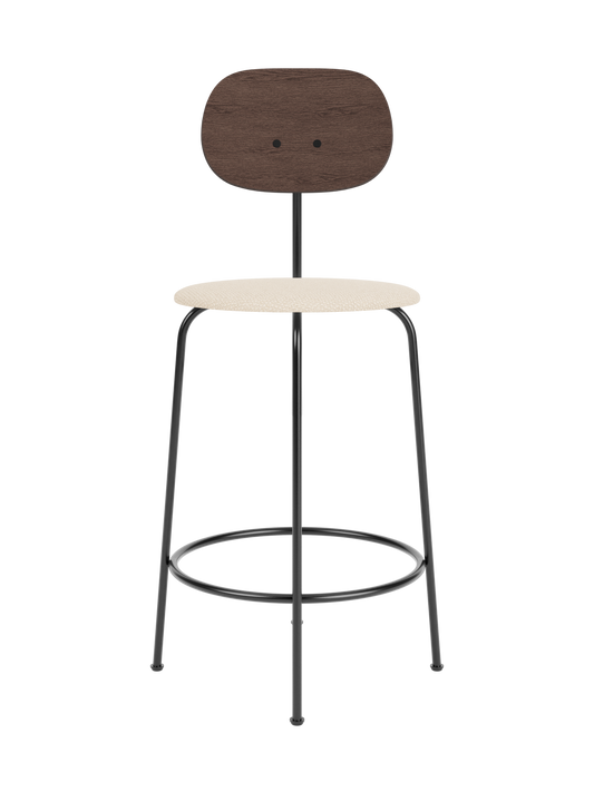 Afteroom Counter Chair Plus with a dark stained oak backrest and Logan Jasmine upholstered seat on a black metal frame.