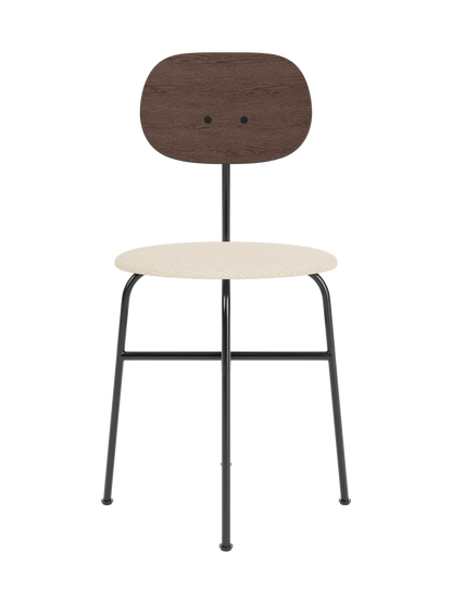 Afteroom Dining Chair Plus with a dark stained oak backrest and Logan Jasmine upholstered seat on a black steel frame.