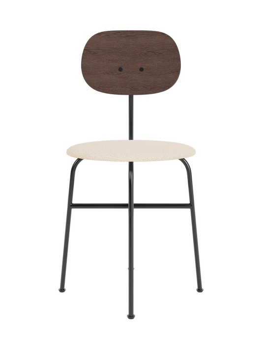 Afteroom Dining Chair Plus with a dark stained oak backrest and Logan Jasmine upholstered seat on a black steel frame.