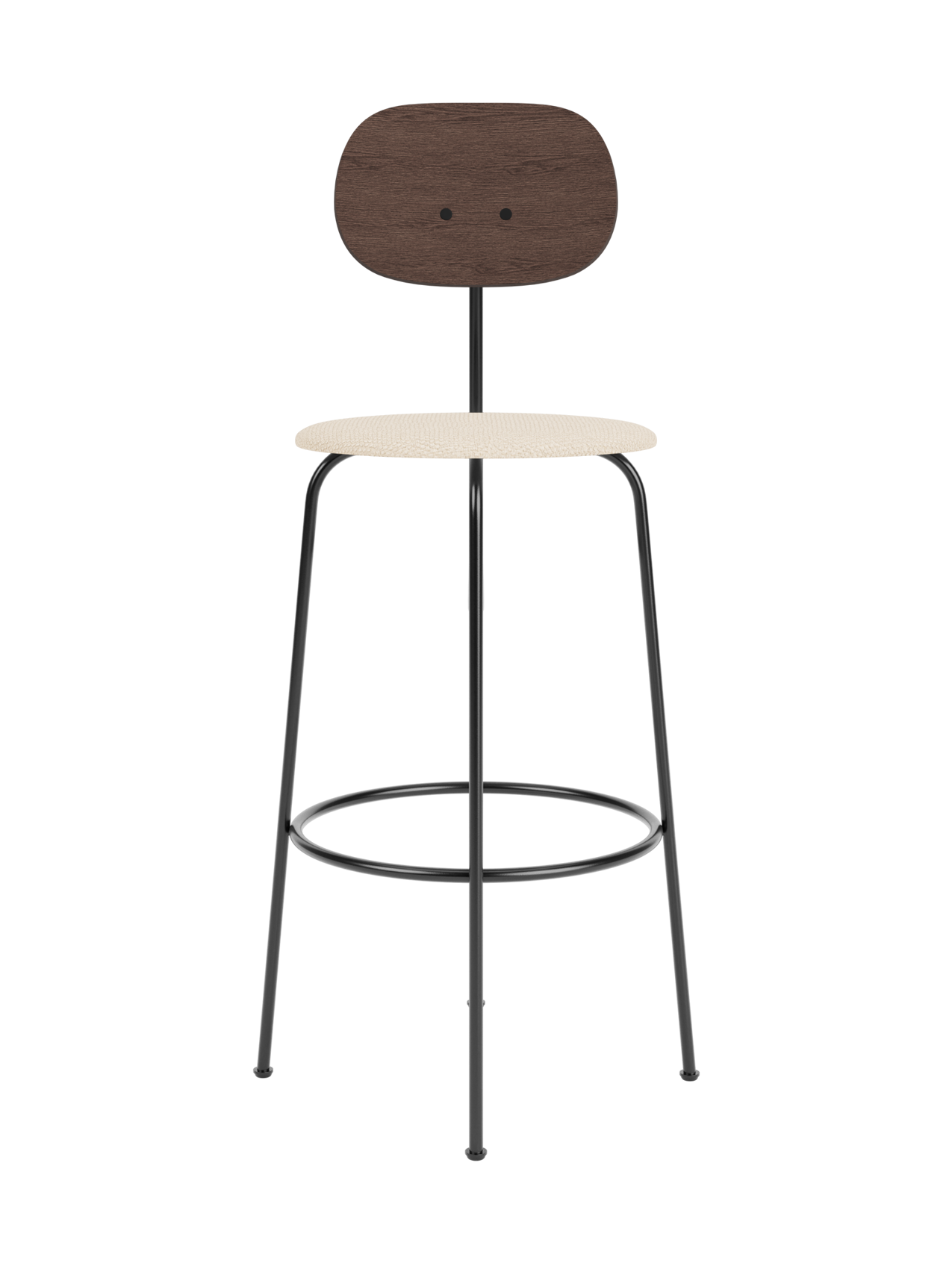 Afteroom Bar Chair Plus with a dark stained oak backrest and Logan Jasmine upholstered seat on a slim black metal frame.