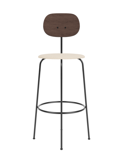 Afteroom Bar Chair Plus with a dark stained oak backrest and Logan Jasmine upholstered seat on a slim black metal frame.