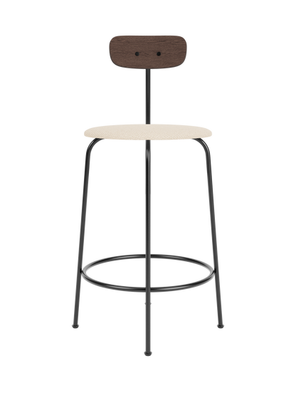 Afteroom Counter Chair with a cream Logan Jasmine upholstered seat, dark stained oak backrest and black steel frame.