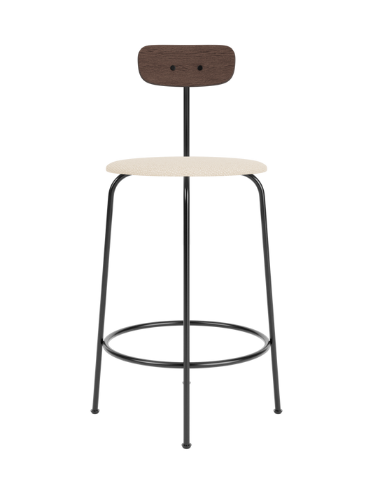 Afteroom Counter Chair with a cream Logan Jasmine upholstered seat, dark stained oak backrest and black steel frame.