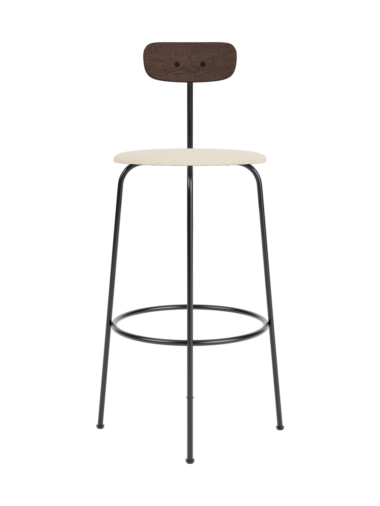 Afteroom Bar Chair with dark stained oak backrest, Logan Jasmine upholstery and a minimalist black steel frame.