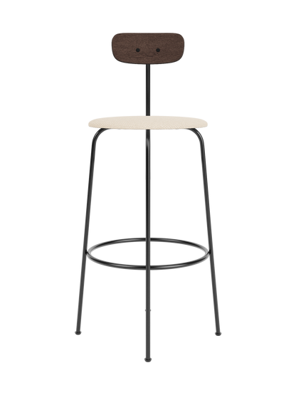 Afteroom Bar Chair with dark stained oak backrest, Logan Jasmine upholstery and a minimalist black steel frame.