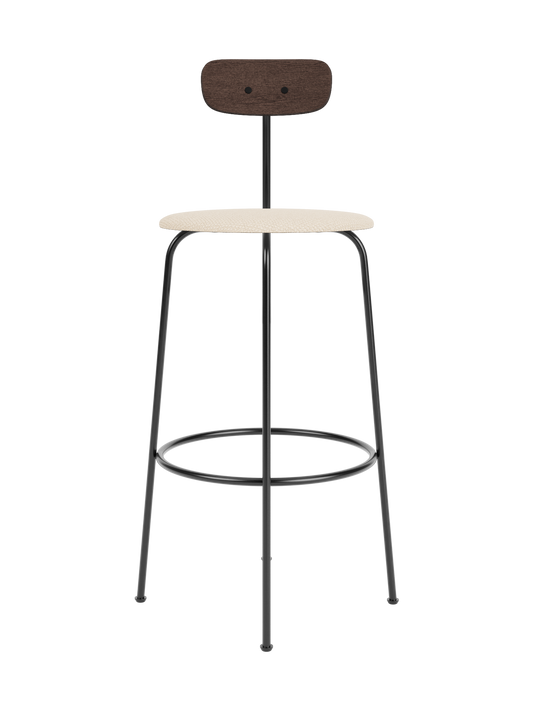 Afteroom Bar Chair with dark stained oak backrest, Logan Jasmine upholstery and a minimalist black steel frame.