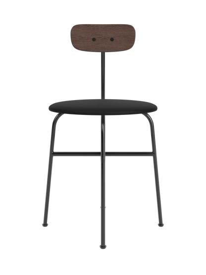 Afteroom Dining Chair with a black Sierra 1001 upholstered seat, dark stained oak backrest and black steel frame.