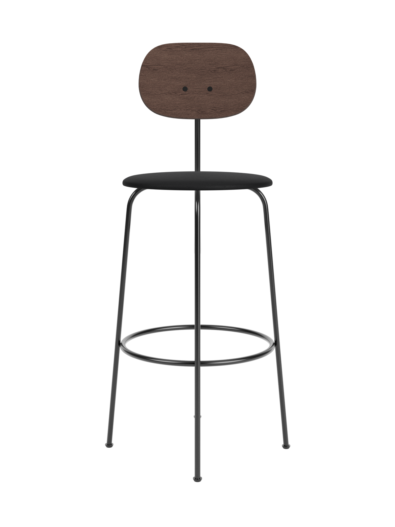 Afteroom Bar Chair Plus with dark stained oak backrest and black upholstered seat on a slender black metal frame.