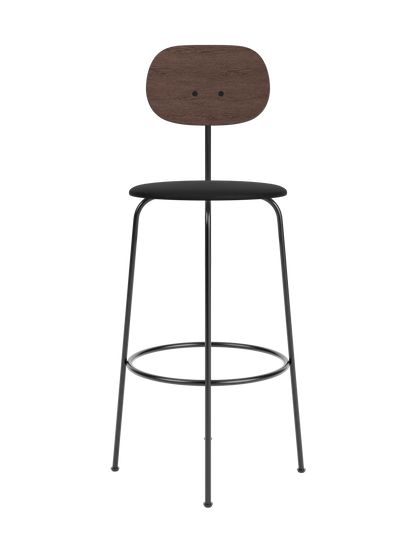Afteroom Bar Chair Plus with dark stained oak backrest and black upholstered seat on a slender black metal frame.
