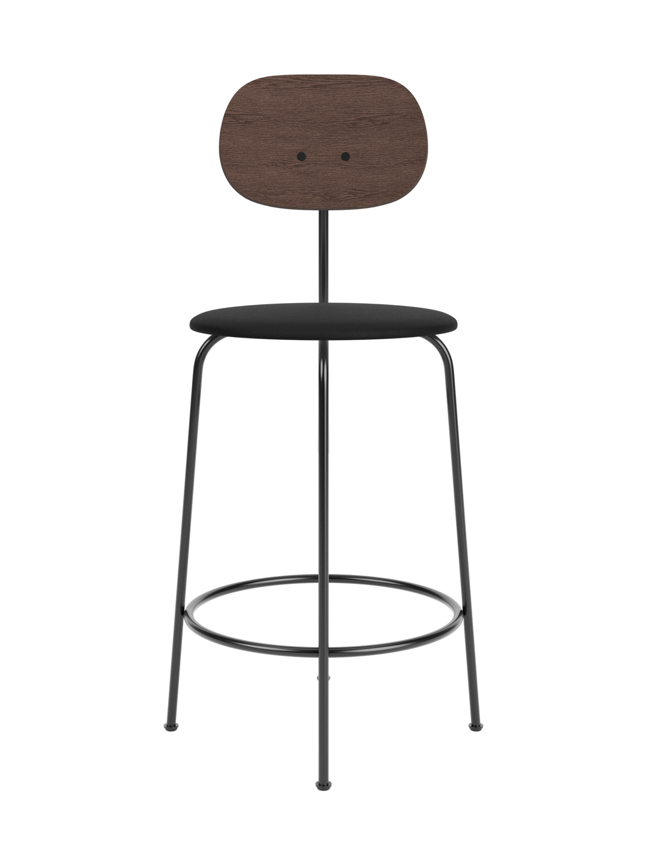 Afteroom Counter Chair Plus featuring a dark stained oak backrest, black upholstered seat and slender black metal frame.