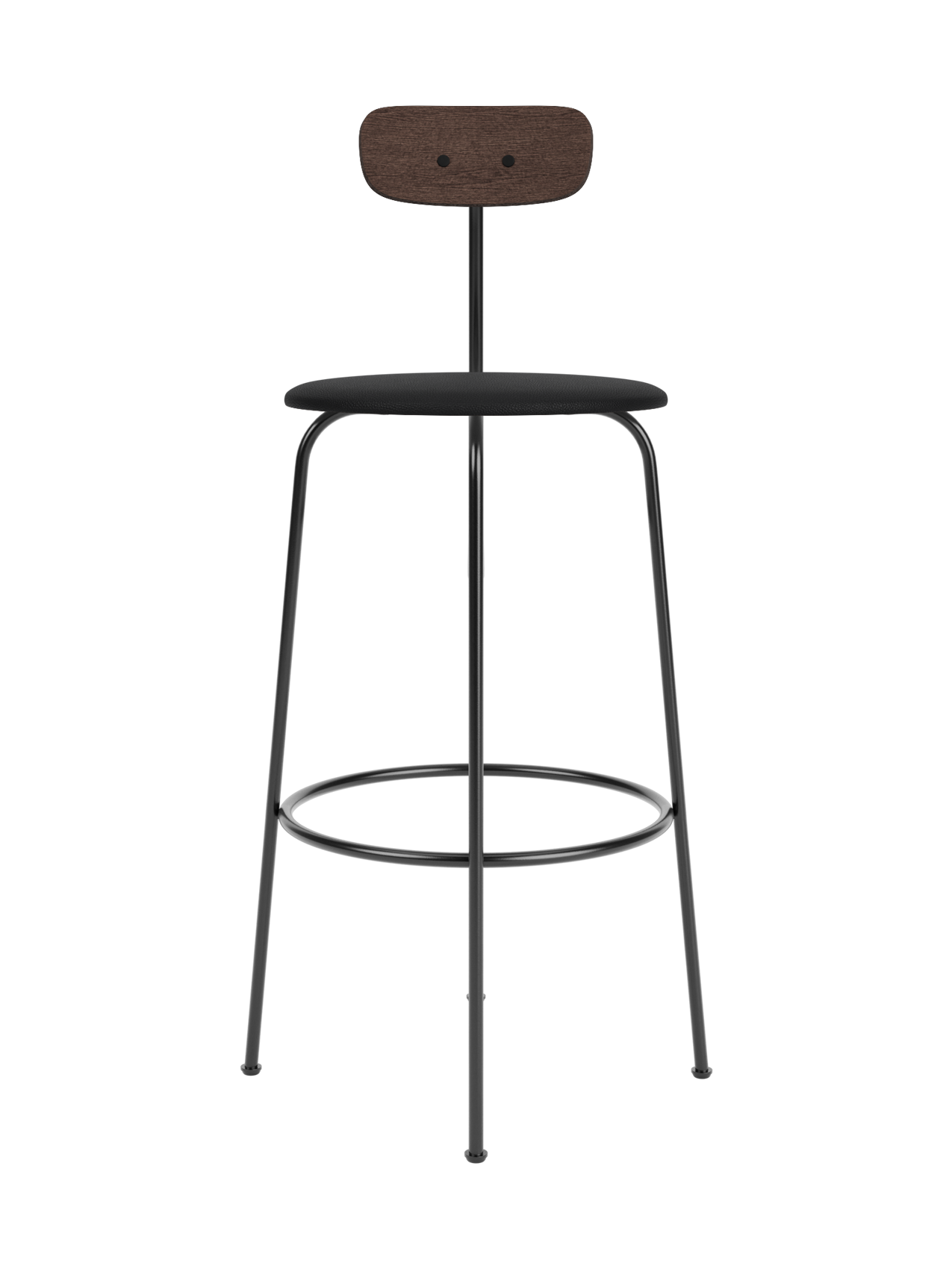 Afteroom Bar Chair with a dark stained oak backrest and black upholstered seat on a slim steel frame.