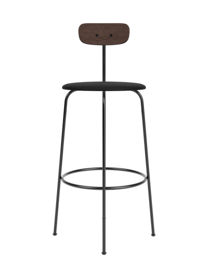 Afteroom Bar Chair with a dark stained oak backrest and black upholstered seat on a slim steel frame.