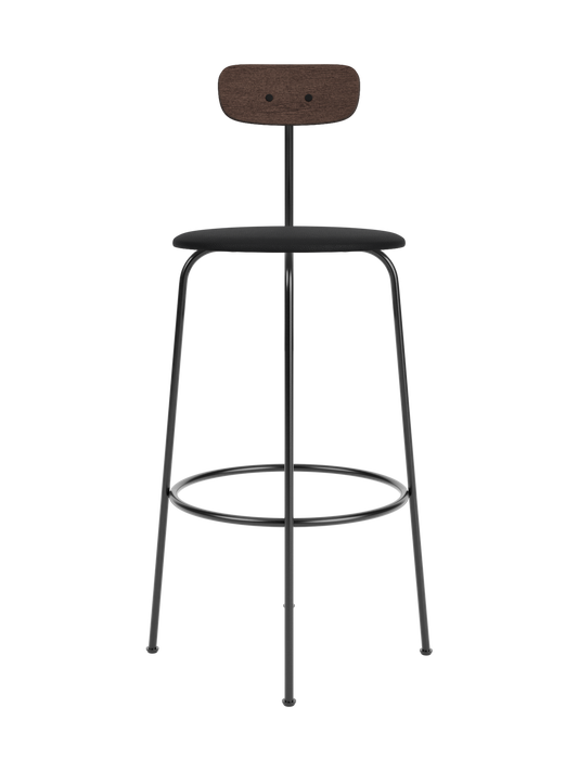 Afteroom Bar Chair with a dark stained oak backrest and black upholstered seat on a slim steel frame.