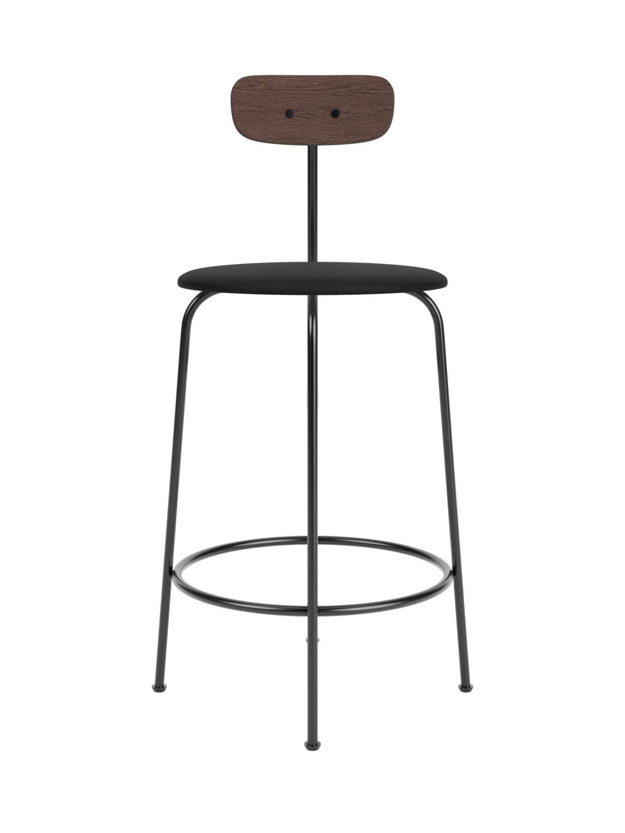 Afteroom Counter Chair featuring a black upholstered seat, dark stained oak backrest and a four-legged black steel frame.