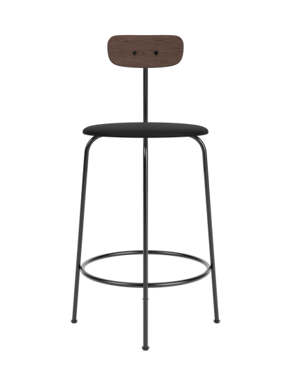 Afteroom Counter Chair featuring a black upholstered seat, dark stained oak backrest and a four-legged black steel frame.