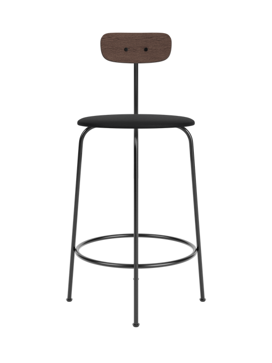 Afteroom Counter Chair featuring a black upholstered seat, dark stained oak backrest and a four-legged black steel frame.