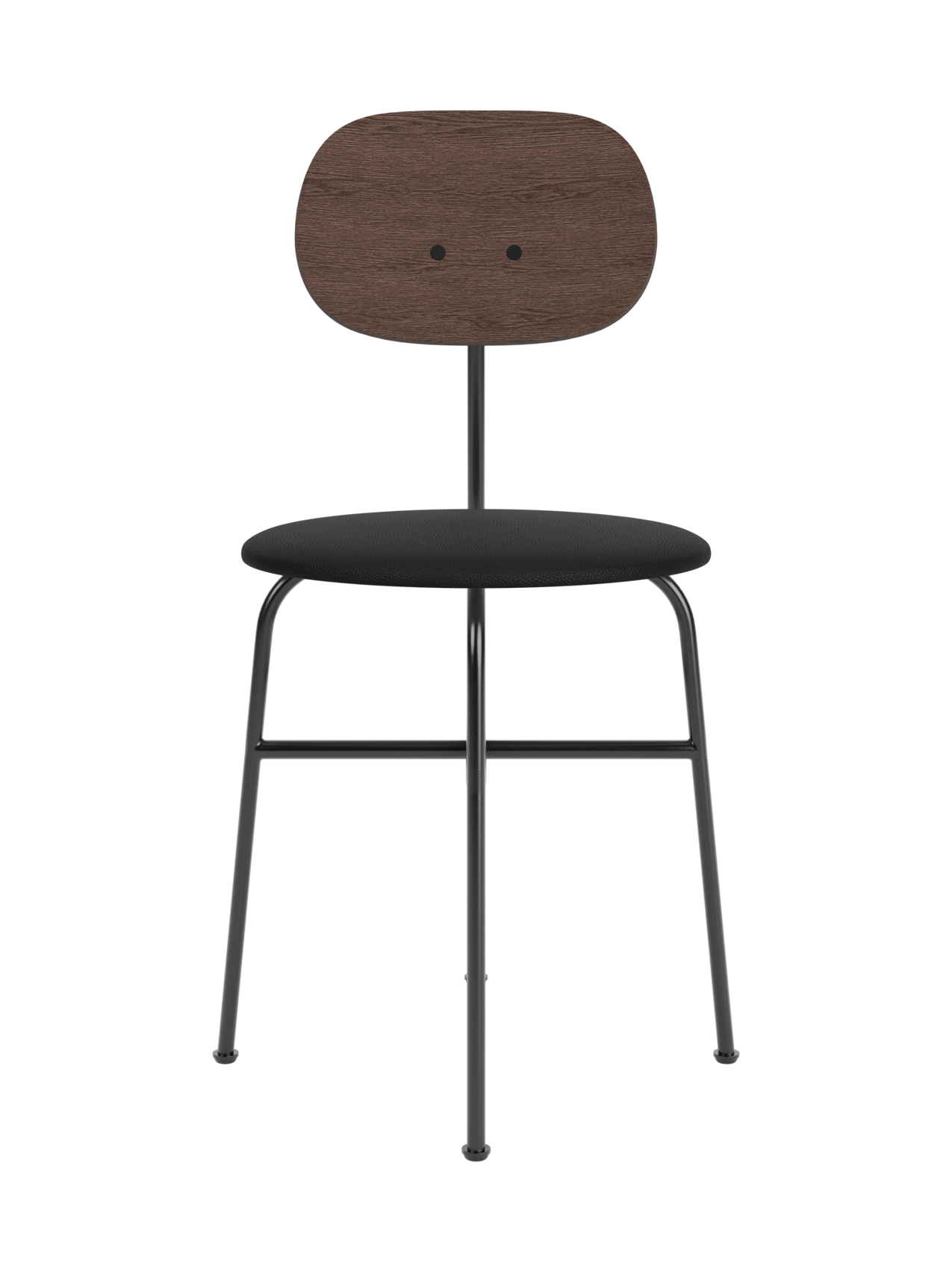 Afteroom Dining Chair Plus featuring a dark stained oak backrest and black upholstered seat on a black steel frame.