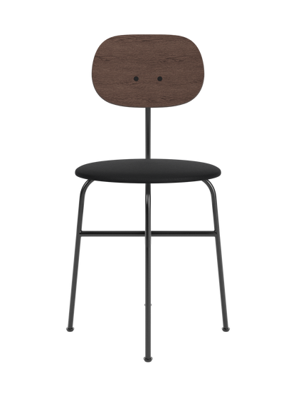 Afteroom Dining Chair Plus featuring a dark stained oak backrest and black upholstered seat on a black steel frame.