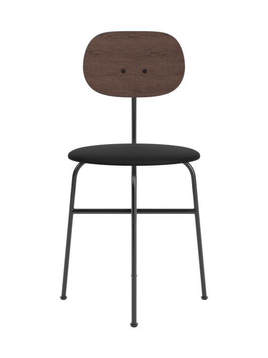 Afteroom Dining Chair Plus featuring a dark stained oak backrest and black upholstered seat on a black steel frame.