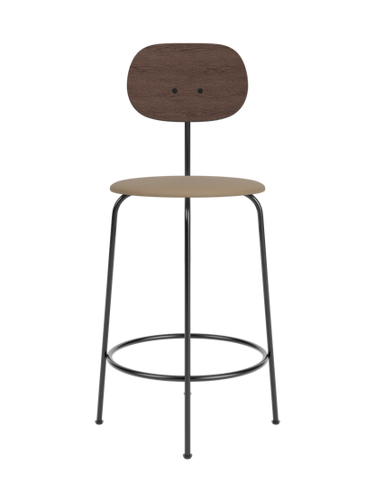 Afteroom Counter Chair Plus with a dark stained oak back and tan Sierra 1611 upholstered seat on a black frame.
