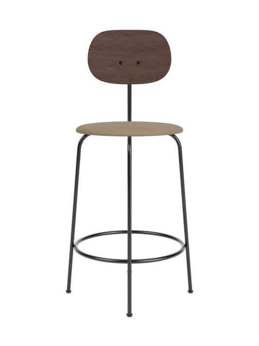 Afteroom Counter Chair Plus with a dark stained oak back and tan Sierra 1611 upholstered seat on a black frame.