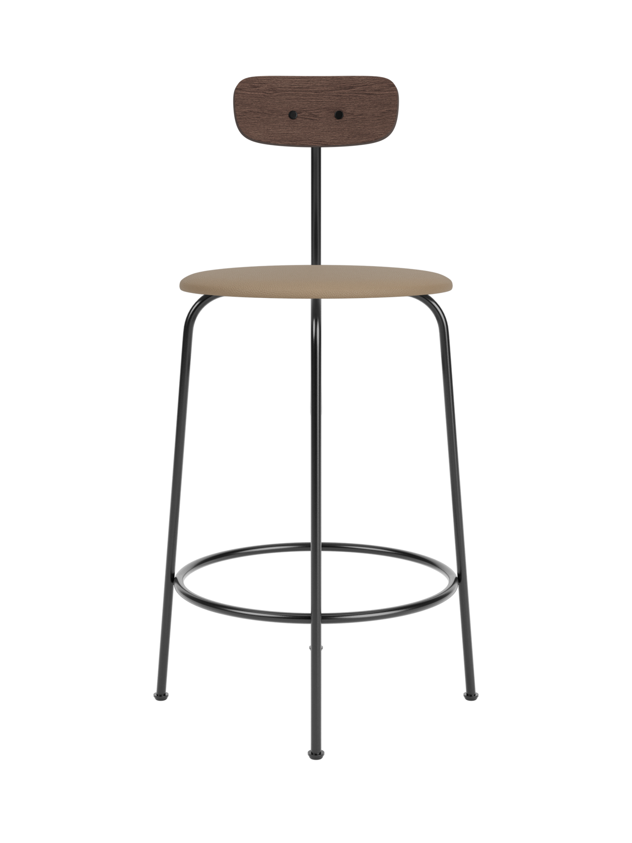 Afteroom Counter Chair featuring a tan Sierra leather seat, dark stained oak backrest, and slim black metal frame.