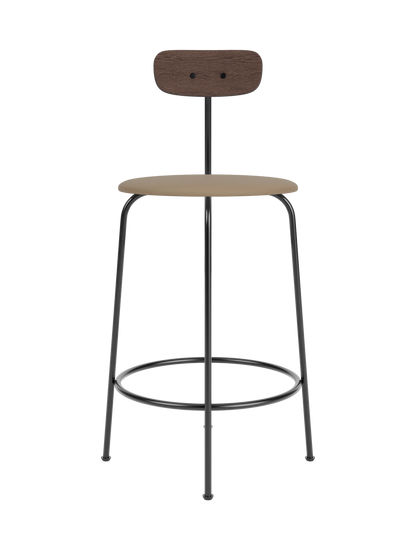 Afteroom Counter Chair featuring a tan Sierra leather seat, dark stained oak backrest, and slim black metal frame.