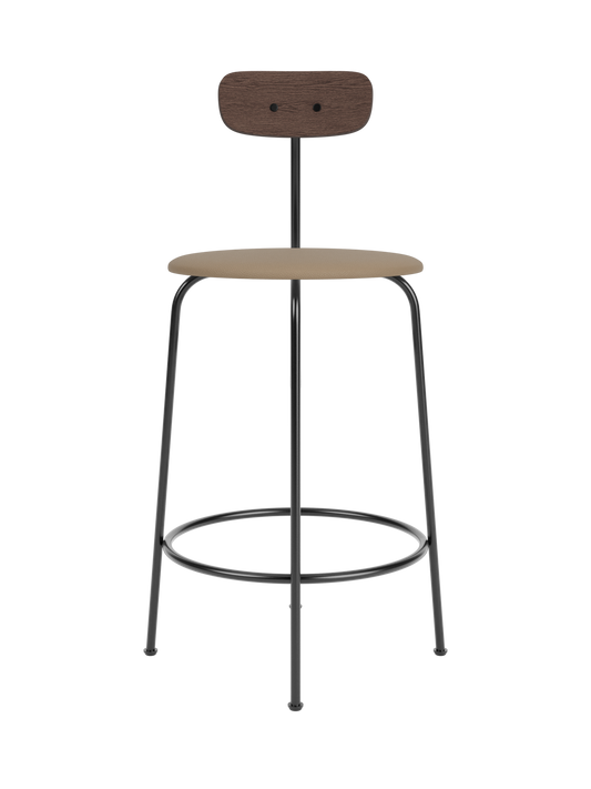 Afteroom Counter Chair featuring a tan Sierra leather seat, dark stained oak backrest, and slim black metal frame.