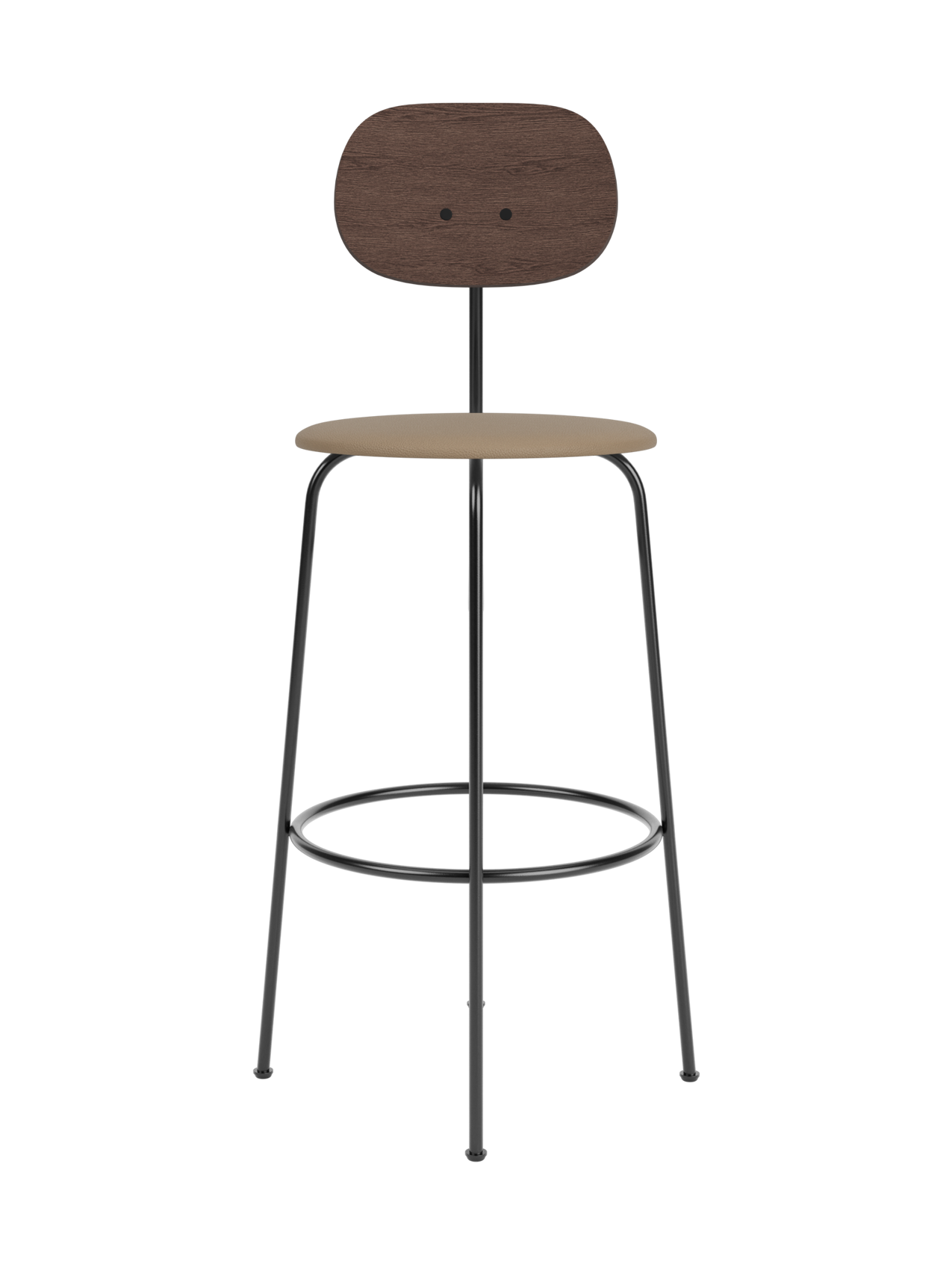 Afteroom Bar Chair Plus featuring a dark stained oak backrest and tan upholstered seat on a slender black metal frame.