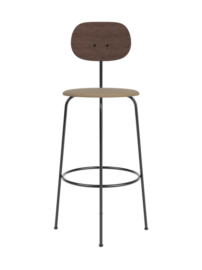 Afteroom Bar Chair Plus featuring a dark stained oak backrest and tan upholstered seat on a slender black metal frame.