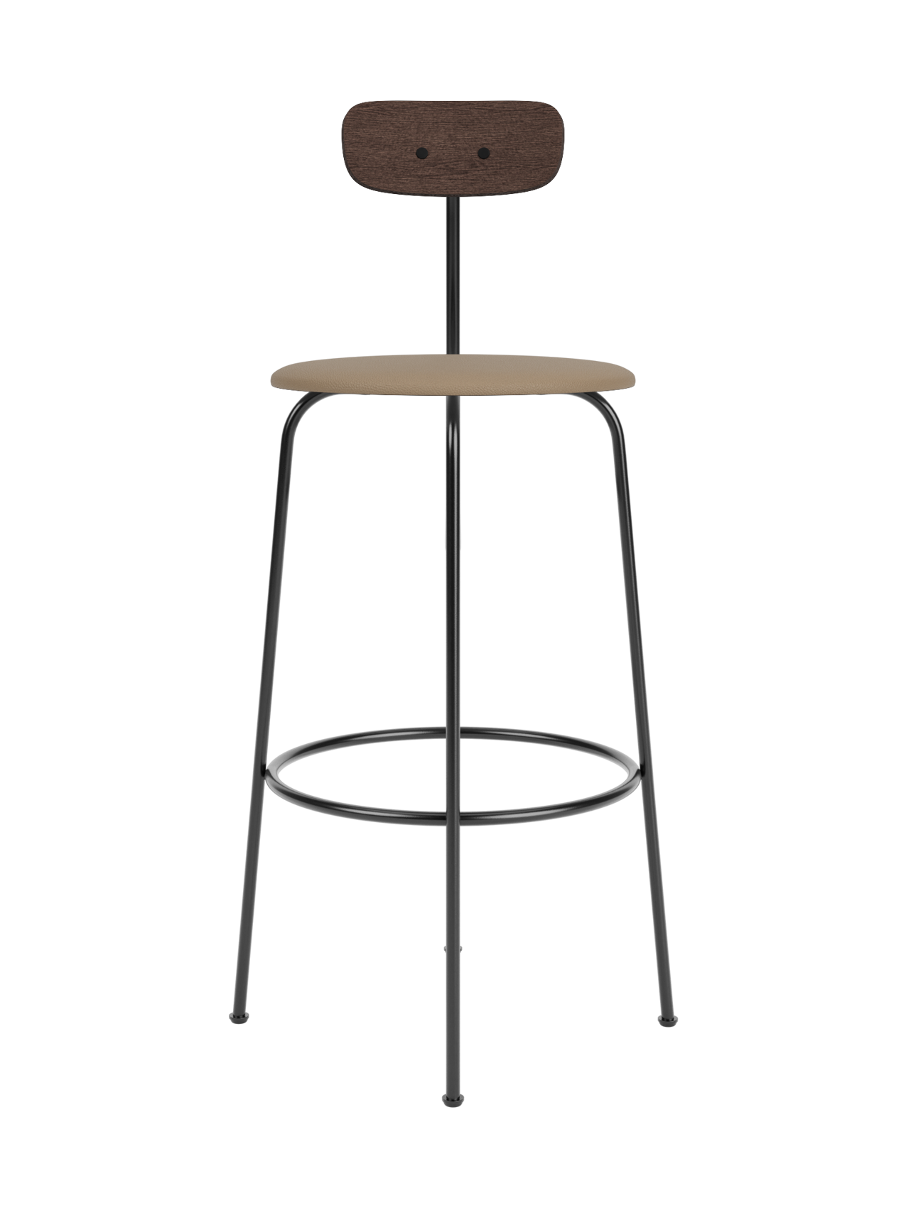 Afteroom Bar Chair with a dark stained oak backrest and tan upholstered seat on a four-legged black steel frame.