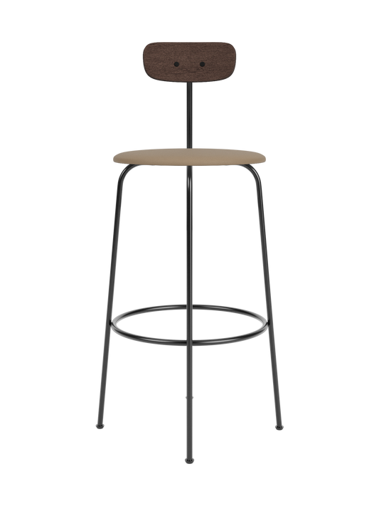 Afteroom Bar Chair with a dark stained oak backrest and tan upholstered seat on a four-legged black steel frame.