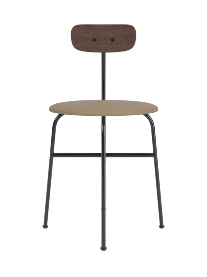 Afteroom Dining Chair with a tan leather seat, dark stained oak backrest and sleek black powder-coated steel frame.