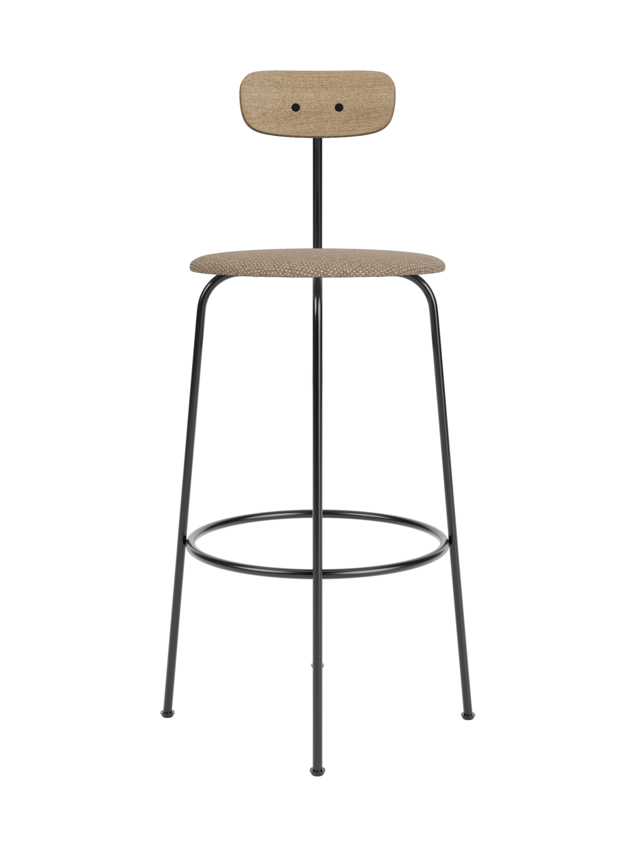 Afteroom Bar Chair with a black steel frame, natural oak backrest and Logan Flint upholstered seat.