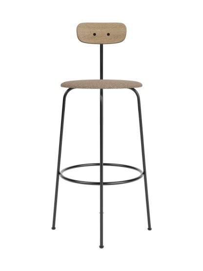 Afteroom Bar Chair with a black steel frame, natural oak backrest and Logan Flint upholstered seat.
