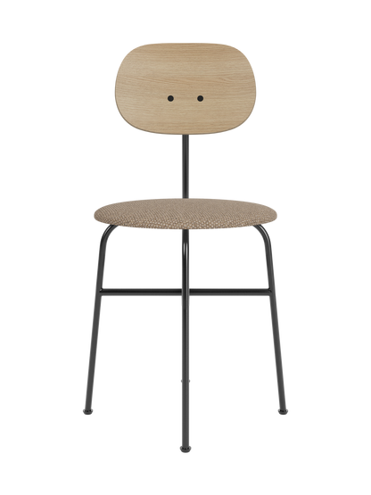 Afteroom Dining Chair Plus featuring a natural oak backrest and Logan Flint upholstered seat on a black steel frame.
