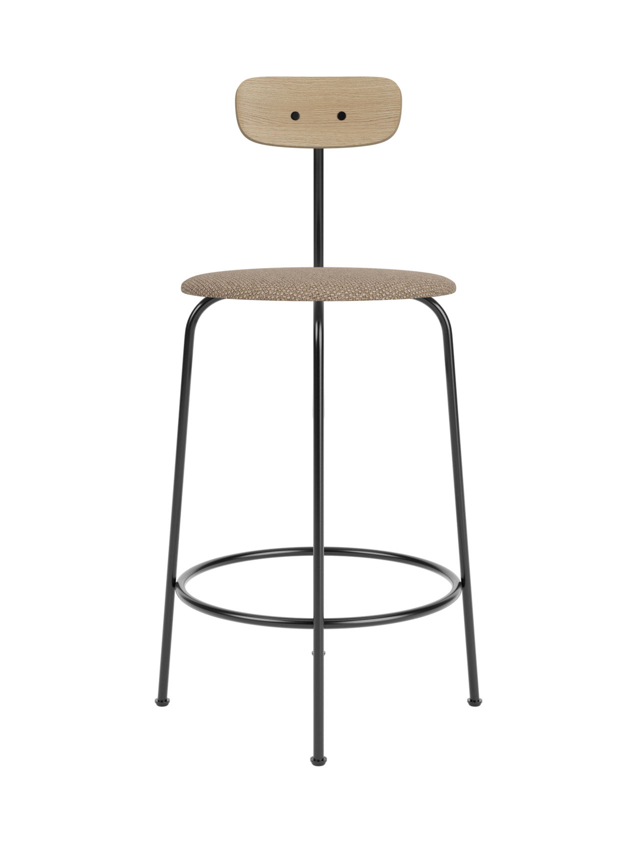 Afteroom Counter Chair with a Logan Flint upholstered seat, natural oak backrest and a minimalist black steel frame.