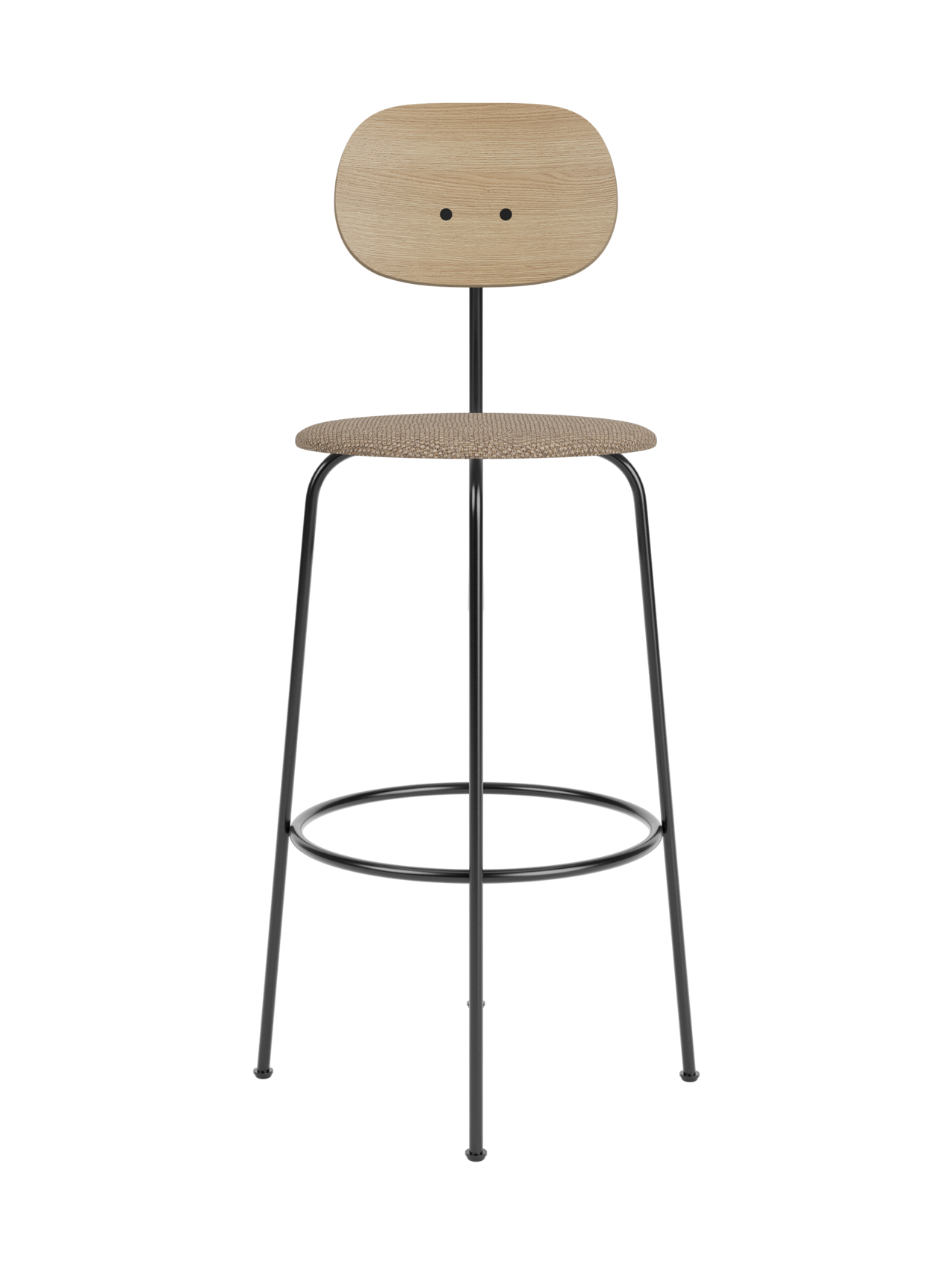 Afteroom Bar Chair Plus with a natural oak backrest, Logan Flint upholstered seat and a slim black steel frame.