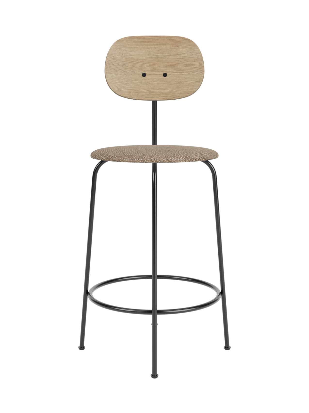 Afteroom Counter Chair Plus featuring a natural oak backrest and Logan Flint upholstered seat on a black steel frame.