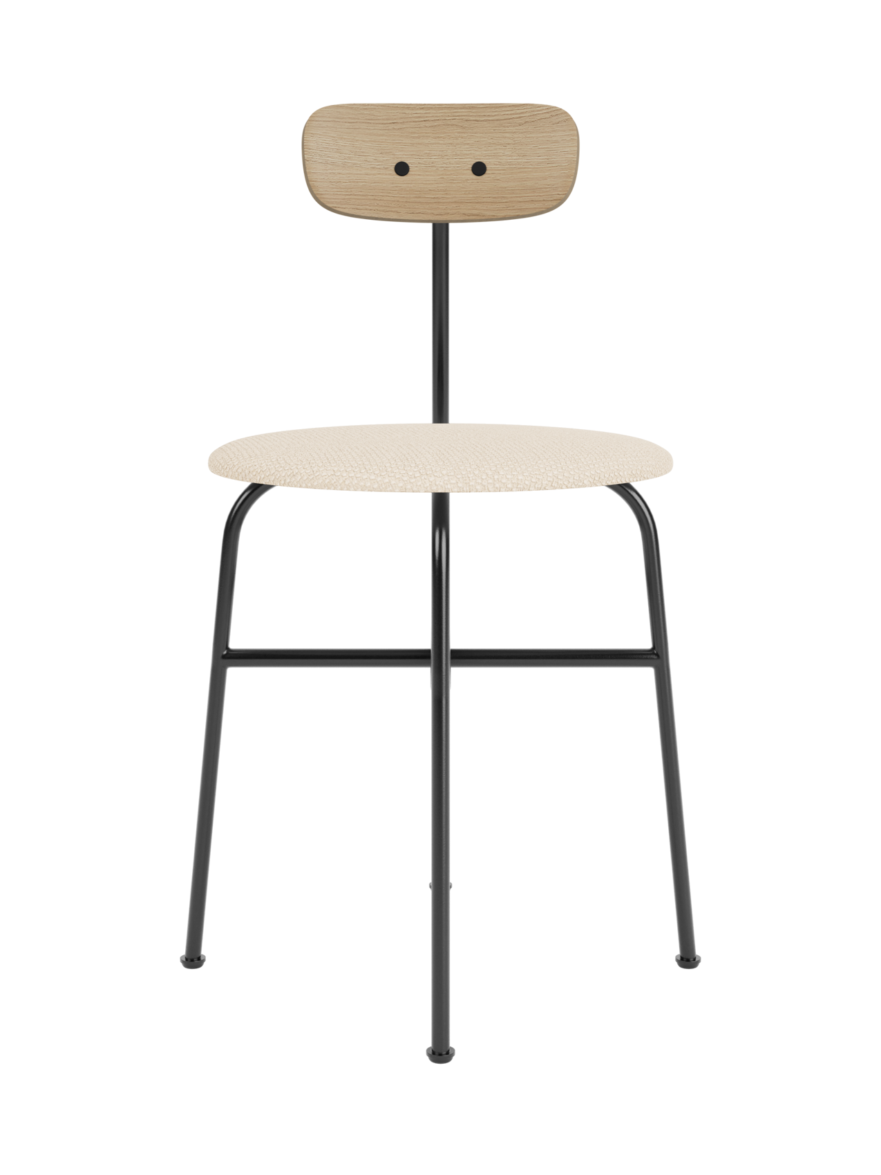 Minimalist Afteroom Dining Chair with a Logan Jasmine upholstered seat, natural oak backrest and black steel frame.
