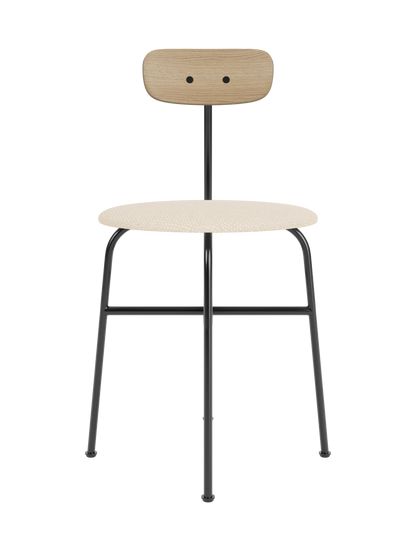 Minimalist Afteroom Dining Chair with a Logan Jasmine upholstered seat, natural oak backrest and black steel frame.
