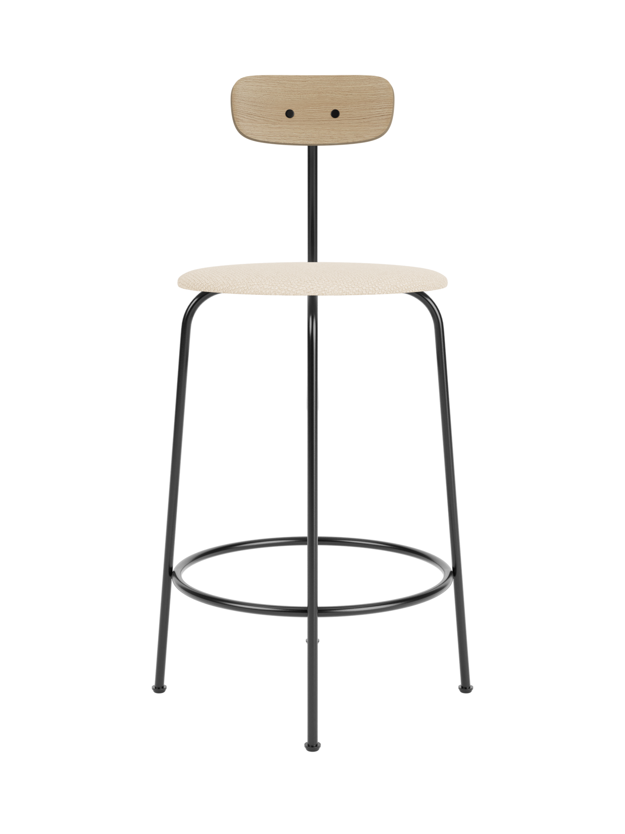Afteroom Counter Chair with a black steel frame, Logan Jasmine upholstered seat and a natural oak backrest.