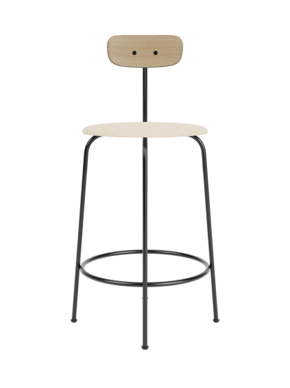 Afteroom Counter Chair with a black steel frame, Logan Jasmine upholstered seat and a natural oak backrest.