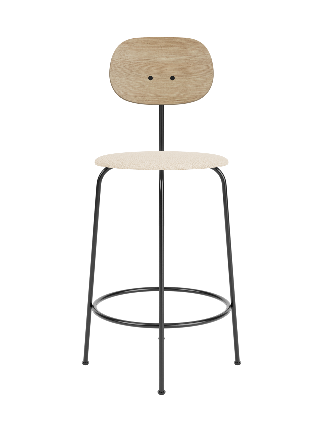 Afteroom Counter Chair Plus with natural oak backrest and Logan Jasmine upholstered seat on a black steel frame.