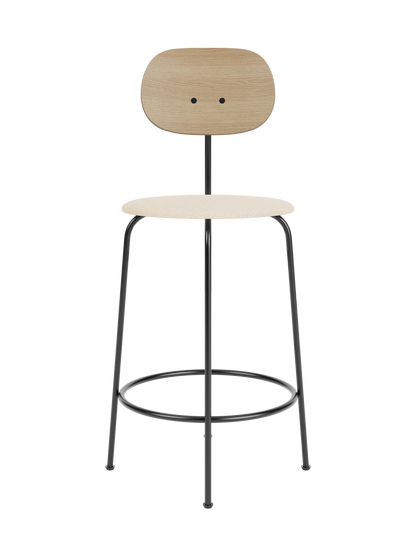 Afteroom Counter Chair Plus with natural oak backrest and Logan Jasmine upholstered seat on a black steel frame.