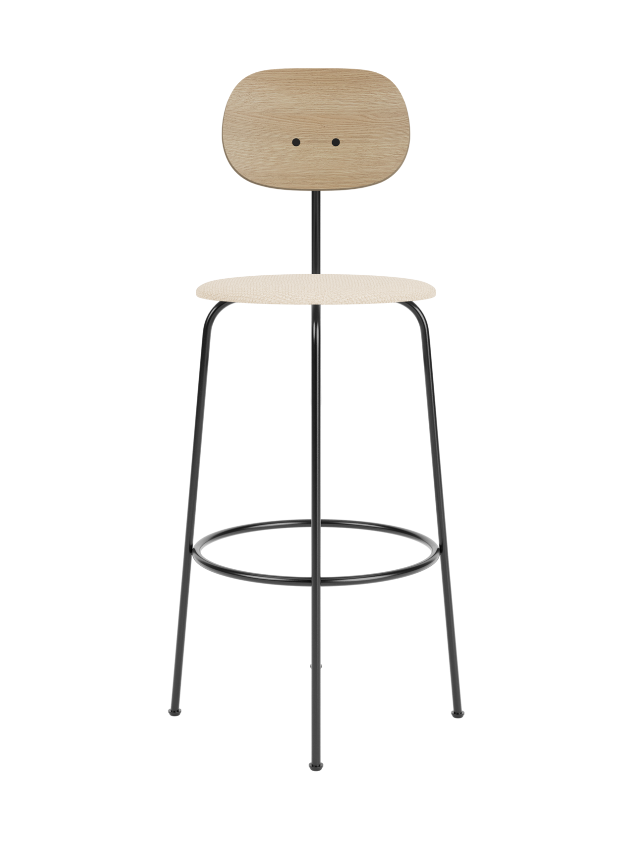 Afteroom Bar Chair Plus with natural oak backrest and Logan Jasmine upholstered seat on a slender black steel frame.