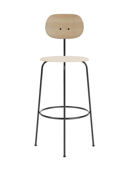 Afteroom Bar Chair Plus with natural oak backrest and Logan Jasmine upholstered seat on a slender black steel frame.