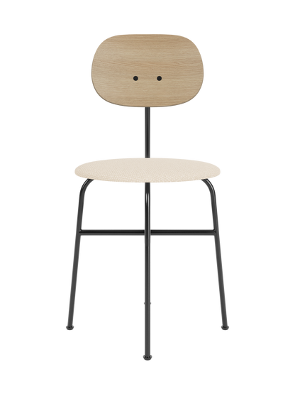 Afteroom Dining Chair Plus with a natural oak backrest and Logan Jasmine upholstered seat on a black steel frame.