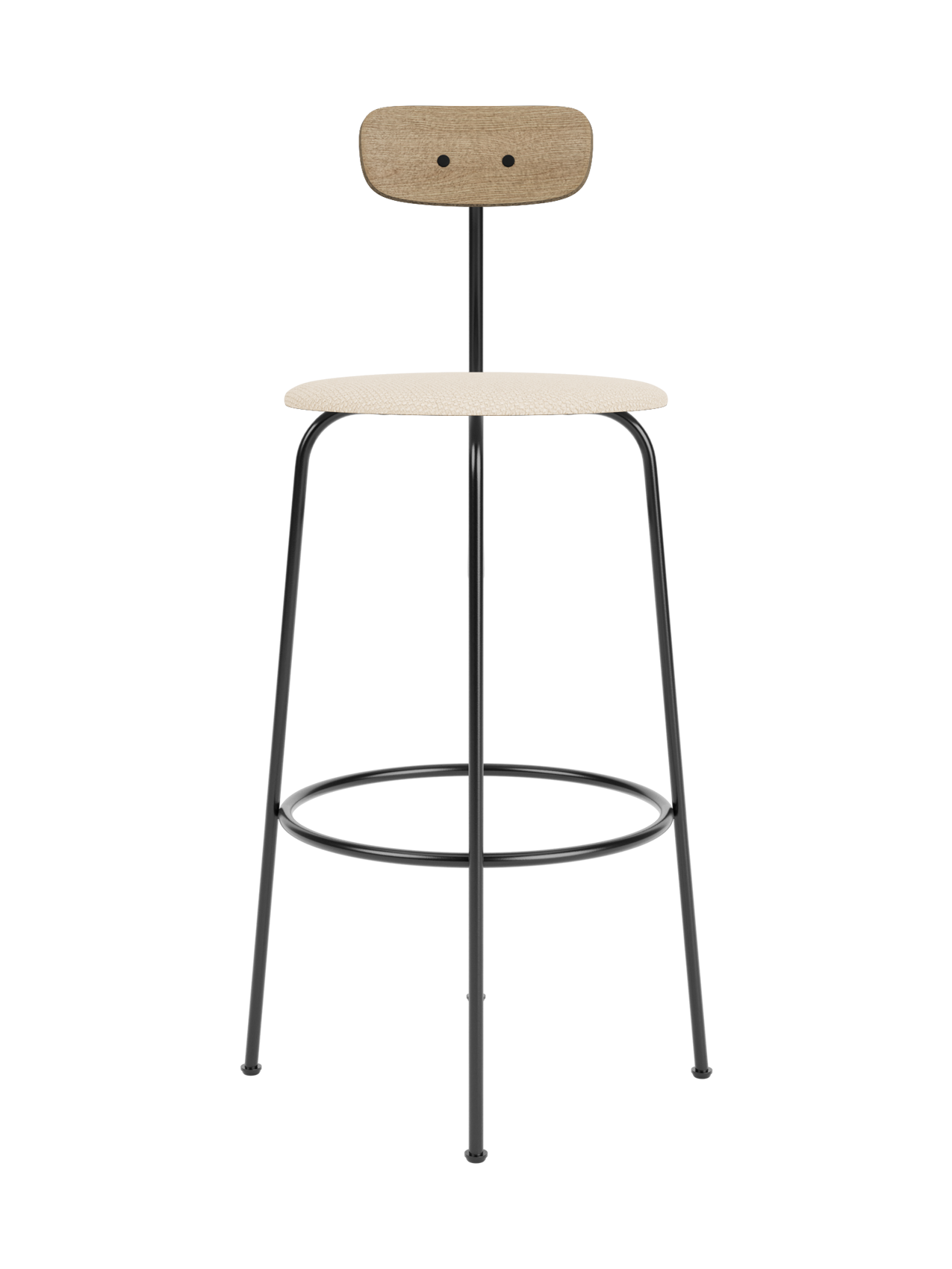 Afteroom Bar Chair, Seat Upholstered, in Logan Jasmine with a natural oak backrest and black powder-coated steel frame.