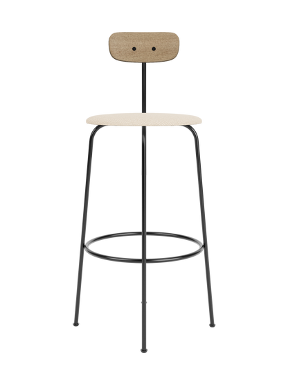 Afteroom Bar Chair, Seat Upholstered, in Logan Jasmine with a natural oak backrest and black powder-coated steel frame.
